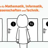 Eine Person steht vor vier Türen (M, I, N, T). MINT steht für Mathematik, Informatik, Naturwissenschaften und Technik. Ein Beruf in MINT wartet.