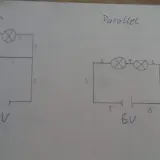 Zwei Stromkreise: links eine Reihenschaltung mit zwei Glühbirnen und 6V, rechts eine Parallelschaltung mit zwei Glühbirnen und 6V.