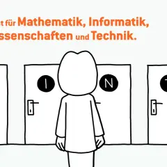 Eine Person steht vor vier Türen (M, I, N, T). MINT steht für Mathematik, Informatik, Naturwissenschaften und Technik. Ein Beruf in MINT wartet.