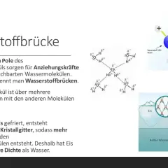 Wasserstoffbrücken verbinden Wassermoleküle, die aus Sauerstoff und Wasserstoff bestehen. Dies erklärt, aus was Wasser besteht und wie Eis entsteht.