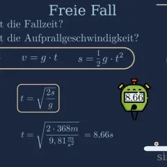 Grafik zeigt Berechnungen zum freien Fall mit Luftwiderstand. Formeln und ein Turm mit 368m Höhe sind zu sehen.