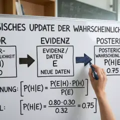 Bayes'sches Update der Wahrscheinlichkeit: Prior, Evidenz, Posterior. Formel zur Berechnung von P(H|E) mit einem Satz von Bayes Aufgaben.