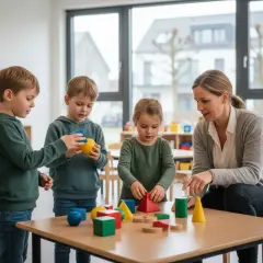 Kinder lernen spielerisch geometrie formen mit bunten Bausteinen. Eine Lehrerin beobachtet und hilft.