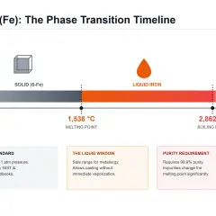 Zeitstrahl der Phasenübergänge von Eisen. Zeigt feste, flüssige und gasförmige Zustände bei unterschiedlichen Temperaturen. Dichte Eisen-Phasenübergänge sind hier dargestellt.