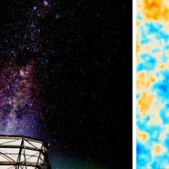 Sternenhimmel über einem Observatorium, daneben eine Karte der kosmischen Hintergrundstrahlung mit blauen und orangen Flecken.
