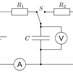 Schaltkreis mit Batterie, Widerständen R1, R2, Schalter S, Strommesser A, Voltmeter V und einem Kondensator C. Hier wird gezeigt, was ein Kondensator ist.