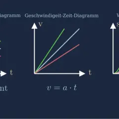 Diagramme zeigen Beschleunigung, Geschwindigkeit und Weg über Zeit. Das Gesetz der Bewegung wird durch die Kurven dargestellt.