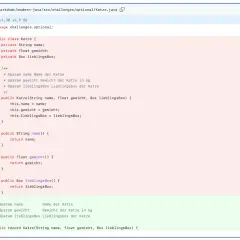 Java-Code für eine Katze mit Namen, Gewicht und Lieblingsbox. So braucht man Java für objektorientierte Programmierung.