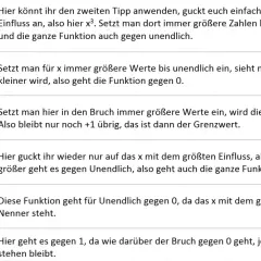 Beispiele für Grenzwerte von Funktionen: x³-x²-x geht gegen unendlich, 1/x geht gegen 0, (x³+x-2)/x geht gegen unendlich.