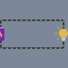 Ein einfacher Stromkreis mit Batterie und Glühbirne. Der Strom fließt und die Glühbirne leuchtet.