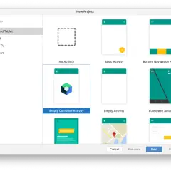 Beim Software programmieren: Auswahl eines neuen Projekts mit verschiedenen Vorlagen wie "Empty Compose Activity" oder "Basic Activity".