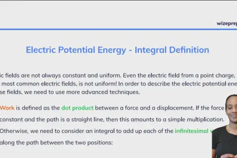 Die Seite erklärt die elektrische Potentialenergie und wie sie mit Integralen berechnet wird, wenn das elektrische Feld nicht konstant ist.