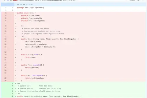Java-Code für eine Katze mit Namen, Gewicht und Lieblingsbox. So braucht man Java für objektorientierte Programmierung.