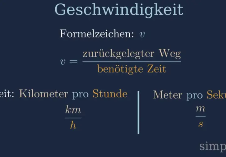 Die Geschwindigkeit Formel: v = zurückgelegter Weg / benötigte Zeit. Einheiten: km/h und m/s.