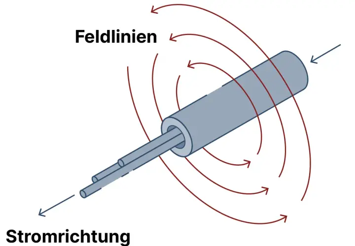 Der Oersted Versuch zeigt, wie ein stromdurchflossener Leiter ein Magnetfeld erzeugt. Feldlinien kreisen um den Leiter.