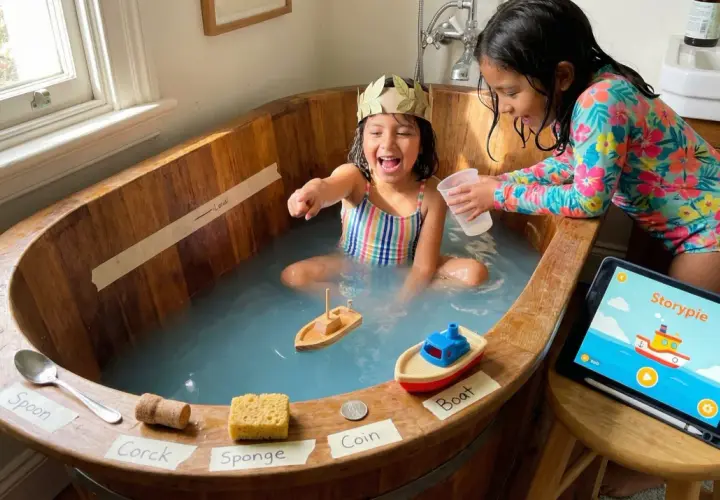 Zwei Mädchen spielen in einer Holzbadewanne, inspiriert von Archimedes' Entdeckung. Sie experimentieren mit Objekten wie Löffel, Korken, Schwamm und Münze, um zu sehen, was schwimmt.