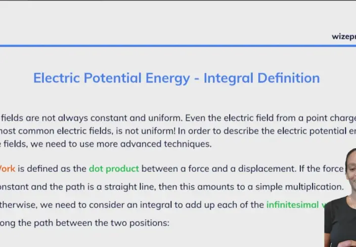 Die Seite erklärt die elektrische Potentialenergie und wie sie mit Integralen berechnet wird, wenn das elektrische Feld nicht konstant ist.