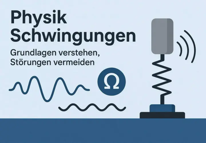 Grafik zu "Physik: Schwingungen". Wellenlinien und ein schwingendes Objekt illustrieren die **Bewegung Physik**. Das Omega-Symbol steht für die Frequenz.