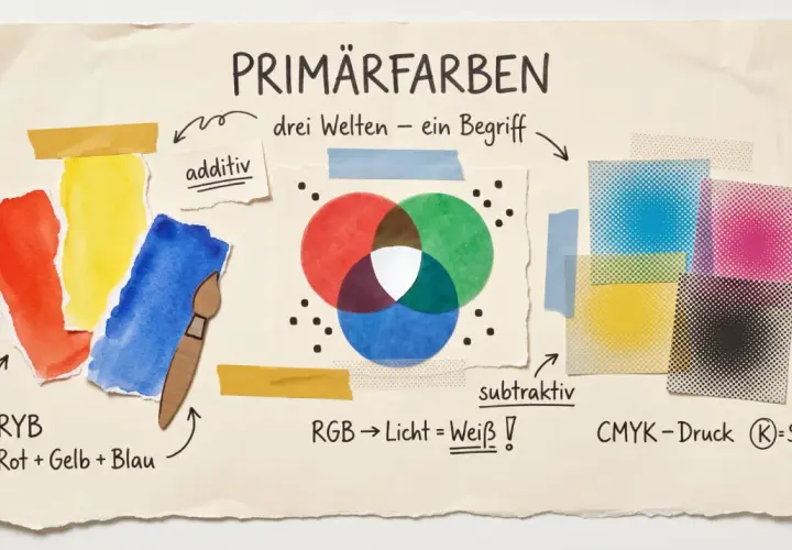 Primärfarben: Rot, Gelb, Blau (RYB) und die subtraktive Farbmischung mit CMYK-Druck.