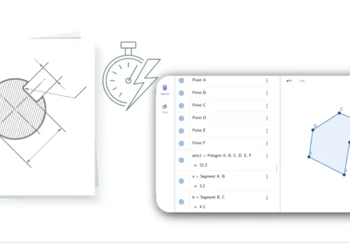 Zeichnen von geometrischen Figuren: Ein technischer Entwurf eines Kreissegments und eine digitale Darstellung eines Polygons mit Punkten und Berechnungen.
