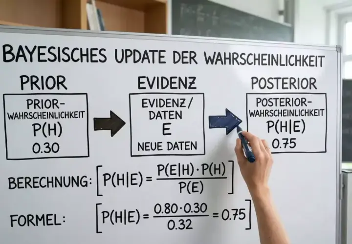 Bayes'sches Update der Wahrscheinlichkeit: Prior, Evidenz, Posterior. Formel zur Berechnung von P(H|E) mit einem Satz von Bayes Aufgaben.