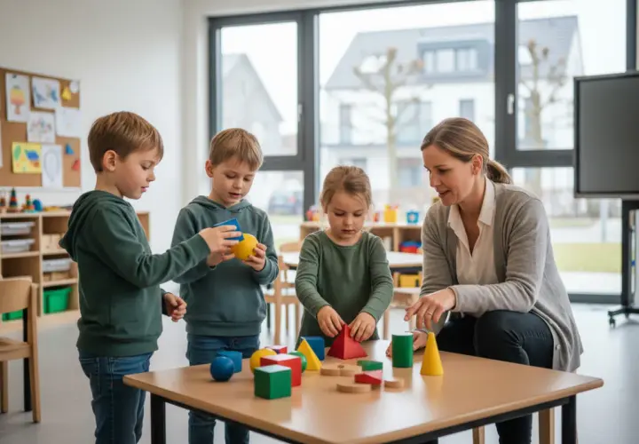 Kinder lernen spielerisch geometrie formen mit bunten Bausteinen. Eine Lehrerin beobachtet und hilft.