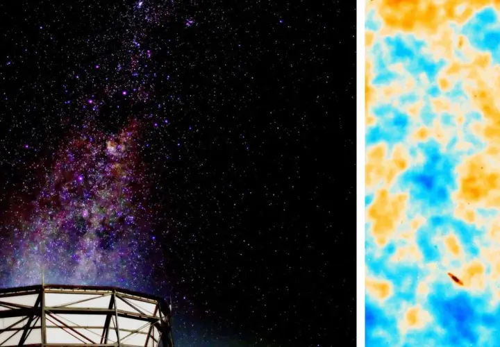 Sternenhimmel über einem Observatorium, daneben eine Karte der kosmischen Hintergrundstrahlung mit blauen und orangen Flecken.
