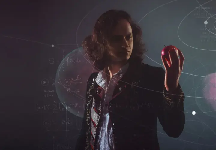 Ein Mann mit langen Haaren hält einen roten Apfel, inspiriert von der Geschichte des newton apfel. Mathematische Formeln und Planetenbahnen umgeben ihn.