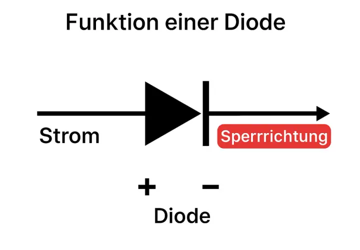 Schaltplan einer Diode: Strom fließt von links nach rechts. Die Sperrrichtung ist markiert. Der Aufbau der Diode wird gezeigt.