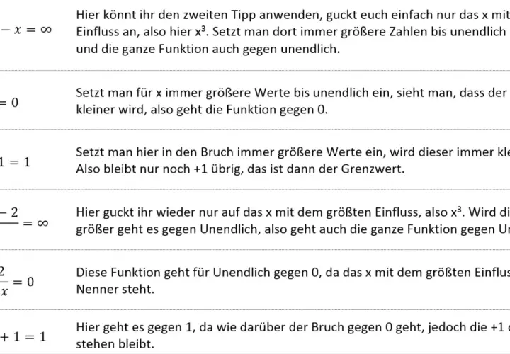 Beispiele für Grenzwerte von Funktionen: x³-x²-x geht gegen unendlich, 1/x geht gegen 0, (x³+x-2)/x geht gegen unendlich.