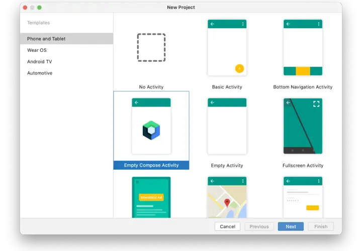 Beim Software programmieren: Auswahl eines neuen Projekts mit verschiedenen Vorlagen wie "Empty Compose Activity" oder "Basic Activity".