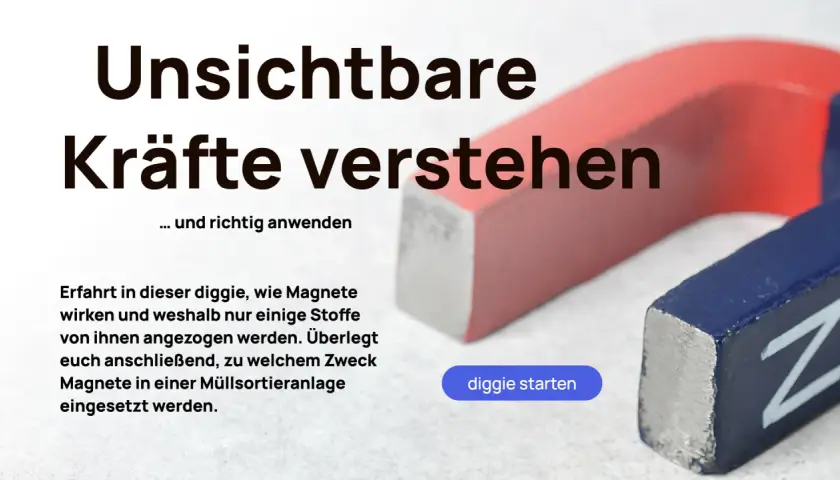 Zwei Hufeisenmagnete, rot und blau, demonstrieren die Anziehungskraft auf ferromagnetische Stoffe. Text erklärt, wie Magnete wirken.
