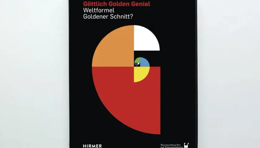 Buchcover mit dem Titel "Göttlich Golden Genial Weltformel Goldener Schnitt?". Eine grafische Darstellung der phi Zahl, die sich in einer Spirale aus farbigen Quadraten und Kreissegmenten entfaltet.
