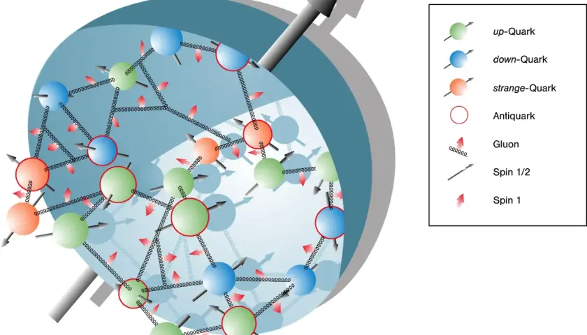 Darstellung des Standardmodells der Teilchenphysik mit Quarks, Antiquarks und Gluonen, die durch Federn verbunden sind.