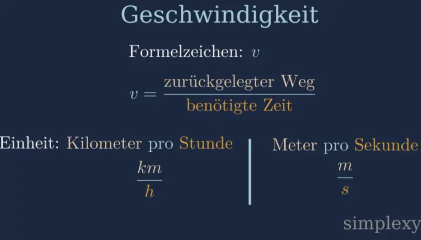 Die Geschwindigkeit Formel: v = zurückgelegter Weg / benötigte Zeit. Einheiten: km/h und m/s.