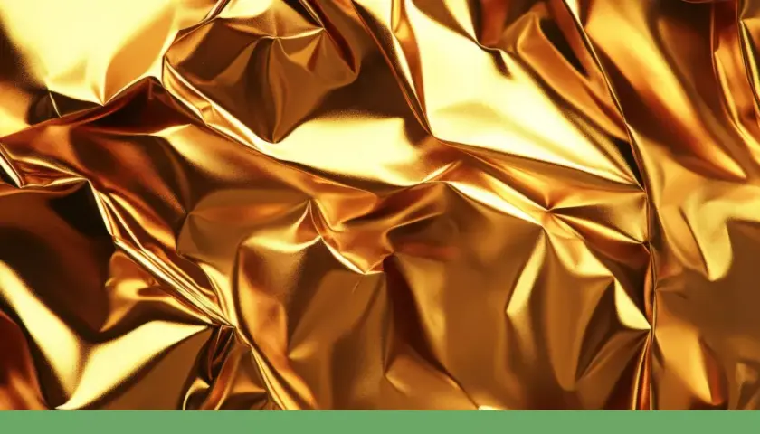 Glänzende, zerknitterte Rettungsdecke in Gold. So wendest du eine Rettungsdecke richtig an, um dich warm zu halten.