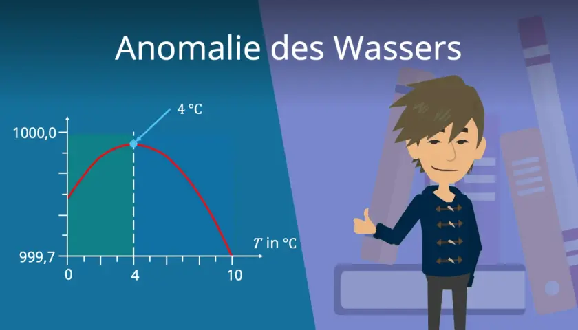 Diagramm zeigt die Anomalie des Wassers: bei 4°C ist die **dichte Wasser** am höchsten. Ein Junge steht vor Bücherregalen.
