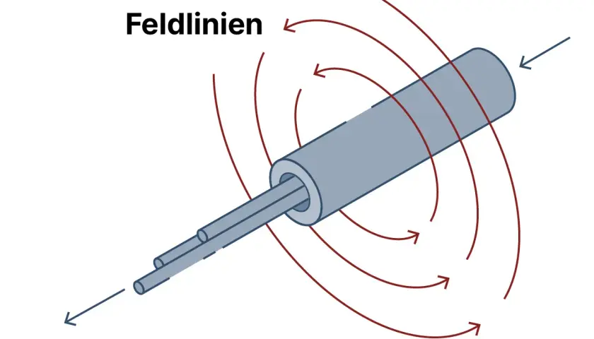 Der Oersted Versuch zeigt, wie ein stromdurchflossener Leiter ein Magnetfeld erzeugt. Feldlinien kreisen um den Leiter.