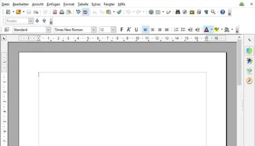 OpenOffice Writer, eine kostenlose Schreibprogramm-Alternative, zeigt ein leeres Dokument mit Werkzeugleisten und Lineal.