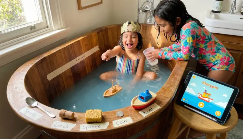 Zwei Mädchen spielen in einer Holzbadewanne, inspiriert von Archimedes' Entdeckung. Sie experimentieren mit Objekten wie Löffel, Korken, Schwamm und Münze, um zu sehen, was schwimmt.