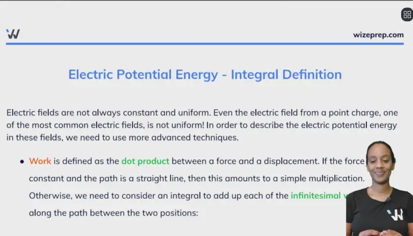 Die Seite erklärt die elektrische Potentialenergie und wie sie mit Integralen berechnet wird, wenn das elektrische Feld nicht konstant ist.