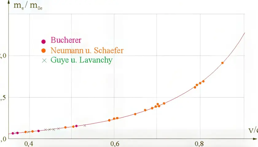 Diagramm zeigt die Zunahme der relativistischen Masse von Elektronen bei höheren Geschwindigkeiten, basierend auf experimentellen Daten.