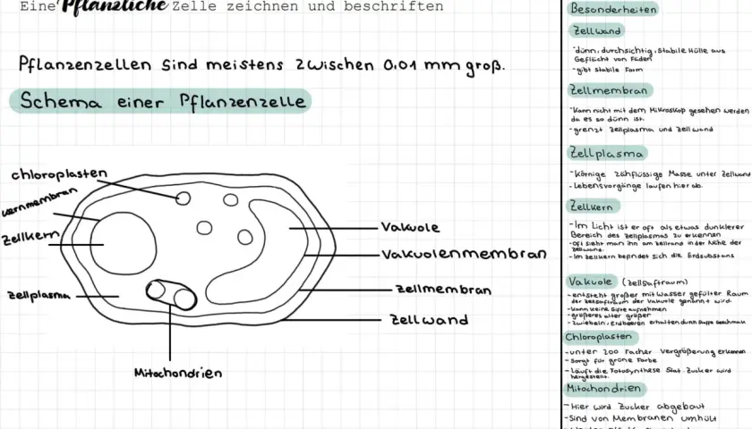 Schema einer Pflanzenzelle mit Zellwand, Zellmembran, Zellplasma, Zellkern, Vakuole, Chloroplasten und Mitochondrien. Der Mikroskop-Aufbau ist hier nicht zu sehen.