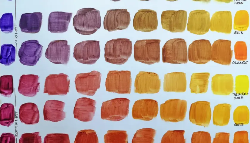 Farbkarten zeigen, was ergibt rot und blau: Violett- und Rottöne, die zu warmen Braun- und Orangetönen übergehen.