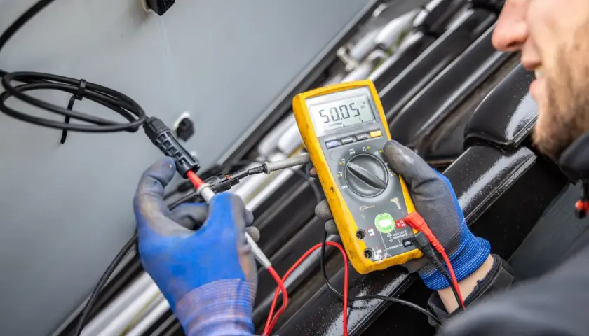 Ein Techniker misst mit einem Multimeter die Spannung an einem Solarmodul. Das Gerät zeigt 50,05 V an.