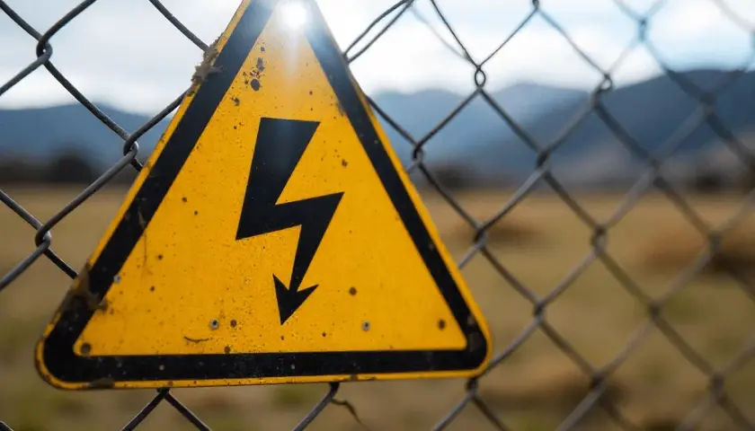 Gelbes Warnschild mit Blitzsymbol auf einem Maschendrahtzaun, das auf die Gefahren des elektrischen Stroms hinweist.