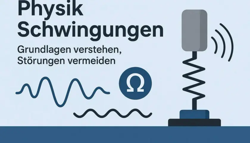 Grafik zu "Physik: Schwingungen". Wellenlinien und ein schwingendes Objekt illustrieren die **Bewegung Physik**. Das Omega-Symbol steht für die Frequenz.