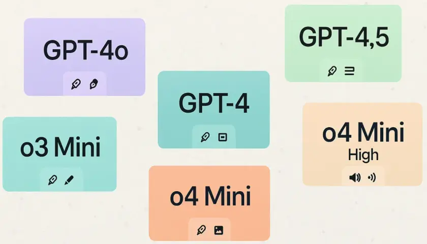 Verschiedene GPT-Modelle wie GPT-4o, GPT-4,5, GPT-4, o3 Mini und o4 Mini zeigen die **programmiersprachen unterschiede** und ihre Fähigkeiten.