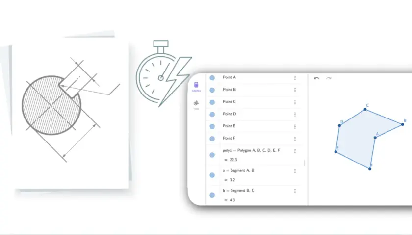 Zeichnen von geometrischen Figuren: Ein technischer Entwurf eines Kreissegments und eine digitale Darstellung eines Polygons mit Punkten und Berechnungen.