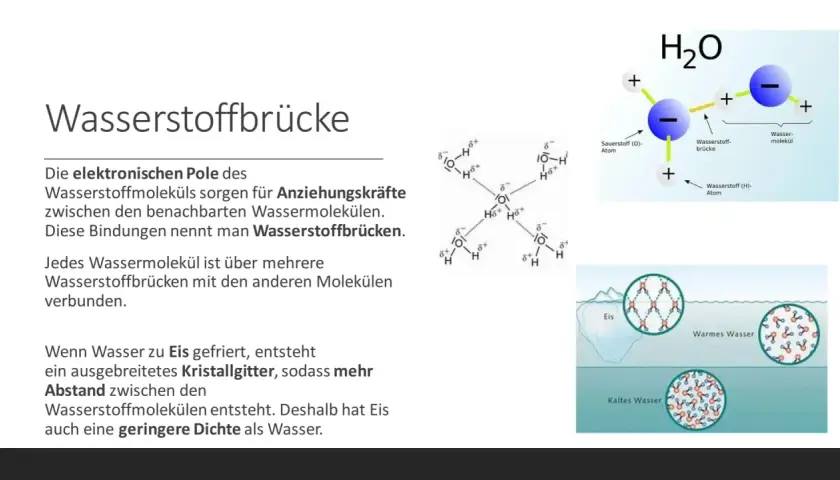 Wasserstoffbrücken verbinden Wassermoleküle, die aus Sauerstoff und Wasserstoff bestehen. Dies erklärt, aus was Wasser besteht und wie Eis entsteht.
